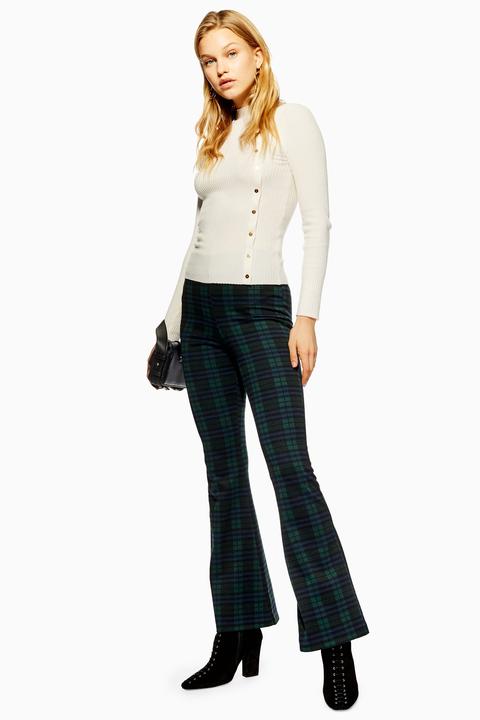 Womens Navy Check Flare Trousers - Navy Blue, Navy Blue