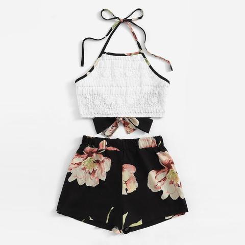 Plus Tie Back Halter Top & Floral Print Shorts