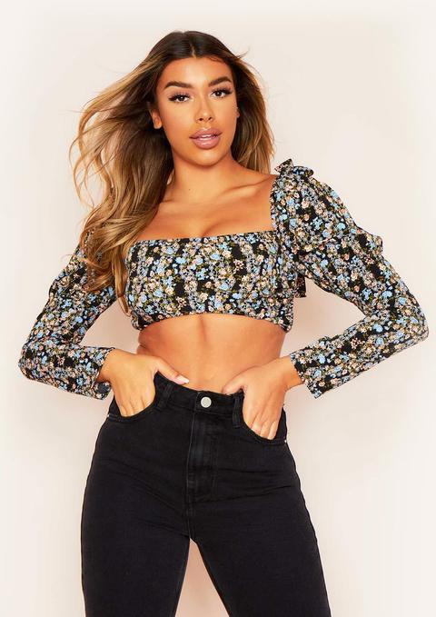 Selma Black Ditsy Floral Puff Sleeve Crop Top