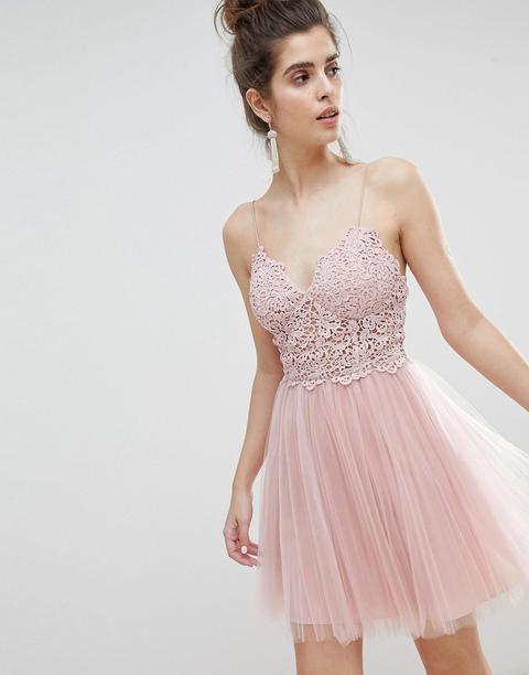 Asos Design Premium - Vestitino In Tulle Con Top In Pizzo E Spalline Sottili - Rosa