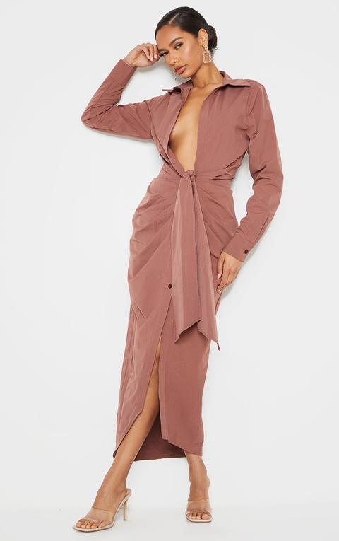 Chocolate Long Sleeve Plunge Drape Detail Midi Shirt Dress