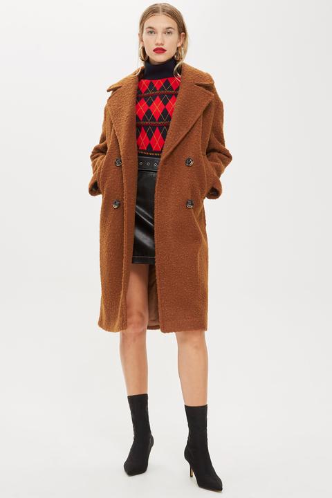 Womens Boucle Button Front Coat - Tobacco, Tobacco