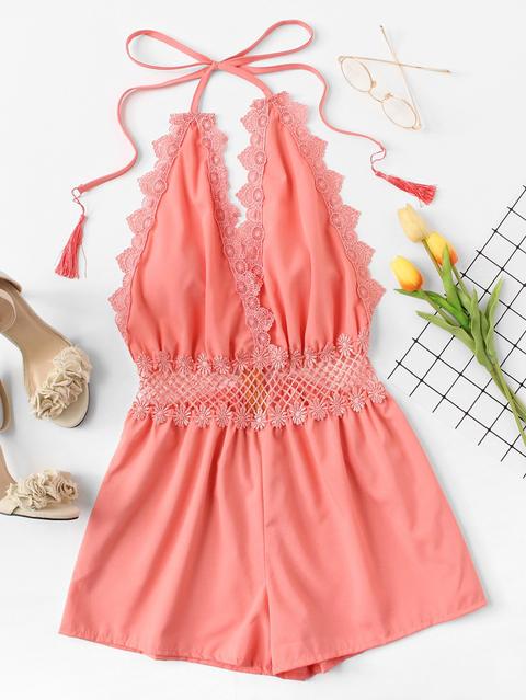 Lace Trim Open Back Halter Romper