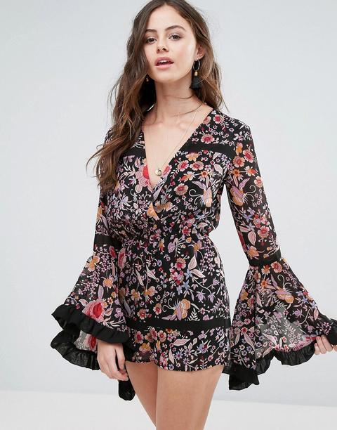 Boohoo - Tuta Corta A Fiori Con Maniche Svasate - Multicolore