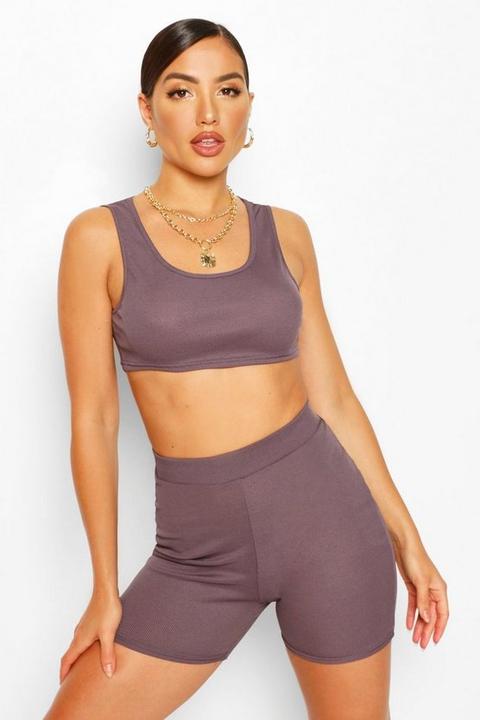 Womens Ribbed Bralet & Cycling Shorts Co-ord - Grey - 12, Grey