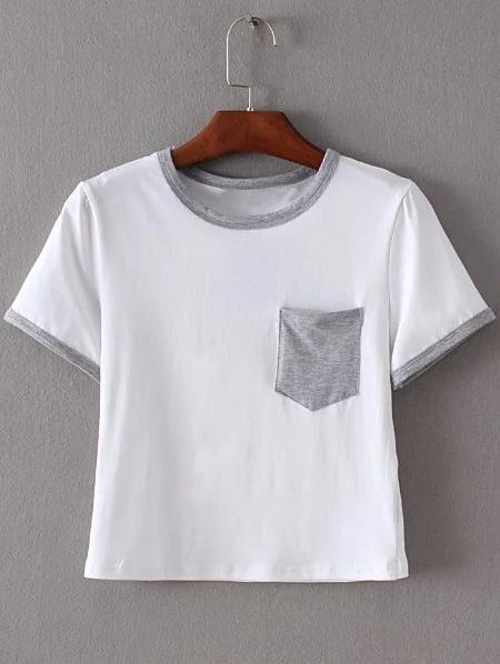 Camiseta Ribete Gris Bolsillo Crop -blanco