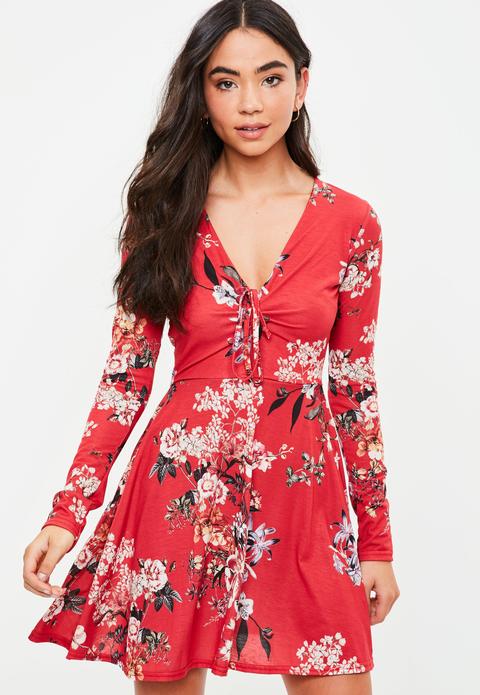 Red Floral Jersey Tea Dress