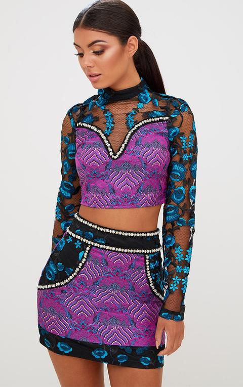 Premium Black Embroidered Jacquard Crop Top