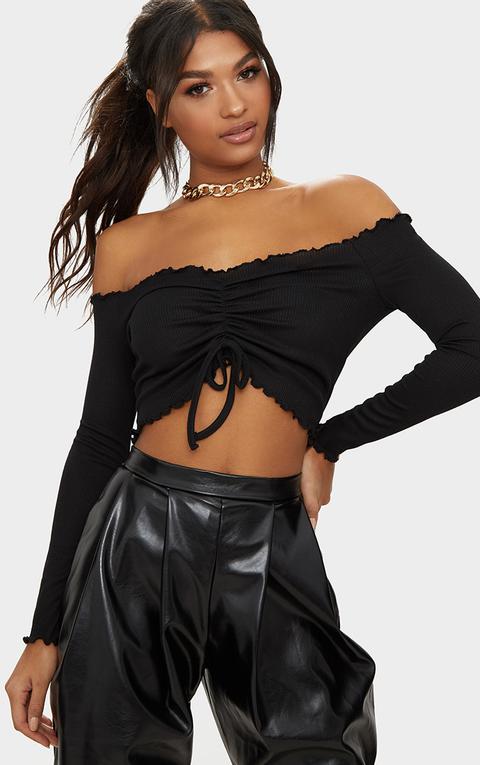 Black Frill Edge Tie Front Rib Crop Top