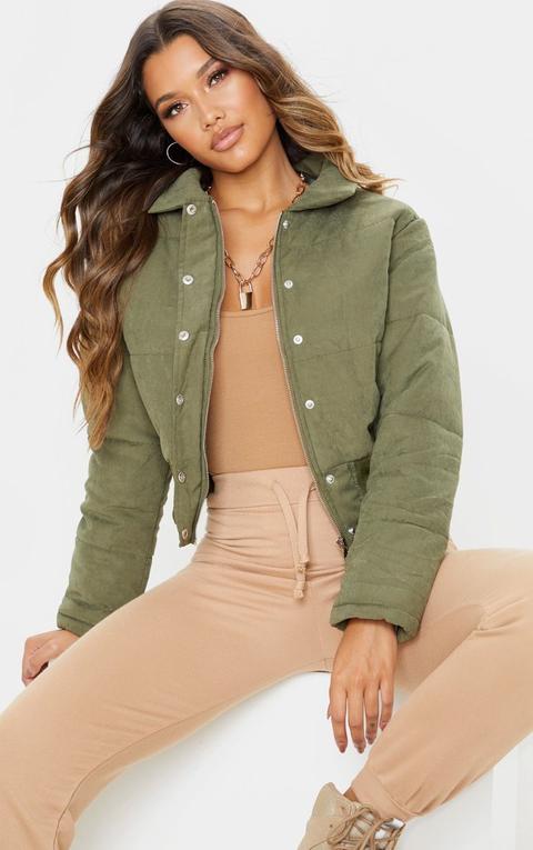 Khaki Peach Skin Cropped Puffer Jacket