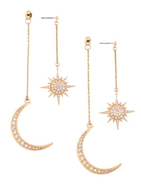 Rhinestoned Moon Sun Earrings Golden