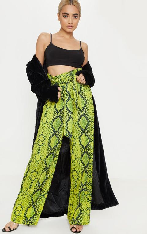 Petite Neon Lime Snake Print Paperbag Tie Waist Wide Leg Trouser