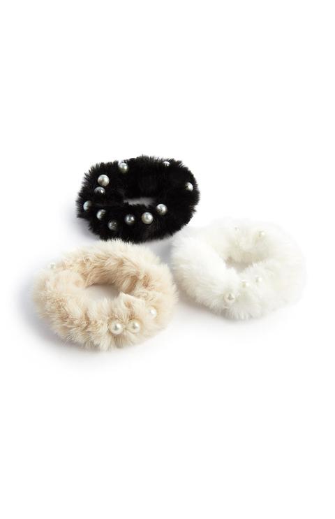 Black And White Faux Fur Pearl Scrunchies 3pk