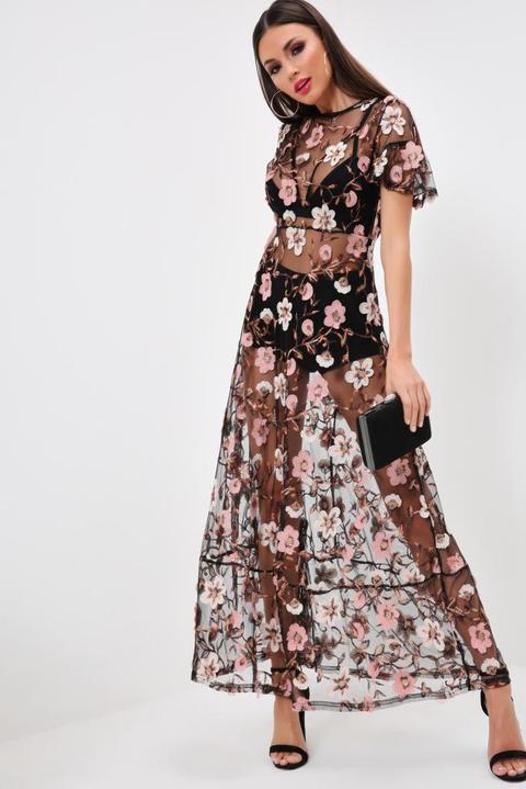 Black Maxi Embroidered Floral Dress