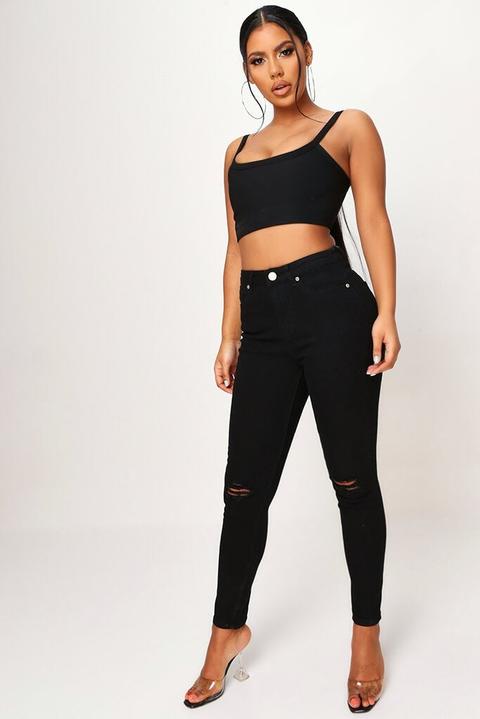 Black Stretch Ripped Knee Skinny Jeans , Black