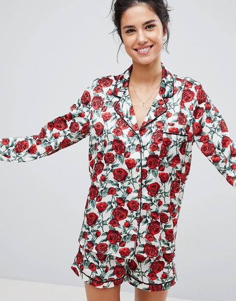Missguided - Pigiama In Raso Con Stampa Di Rose - Multicolore