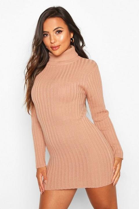 Womens Petite Rib Knit Roll Neck Micro Mini Jumper Dress - Pink - L, Pink