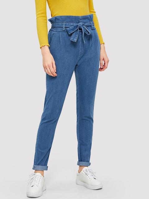 Jeans Con Dettaglio Di Increspatura E Nodo Frontale In Tinta Unita