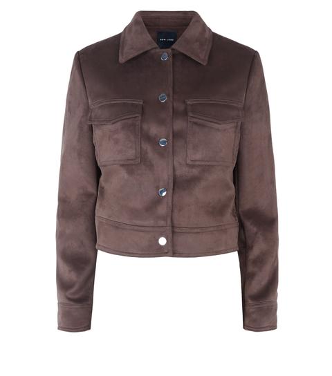 Dark Brown Suedette Utility Trucker Jacket New Look