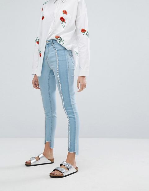 Neon Rose - Jeans Skinny Ricostruiti Con Pannelli Con Frange - Blu