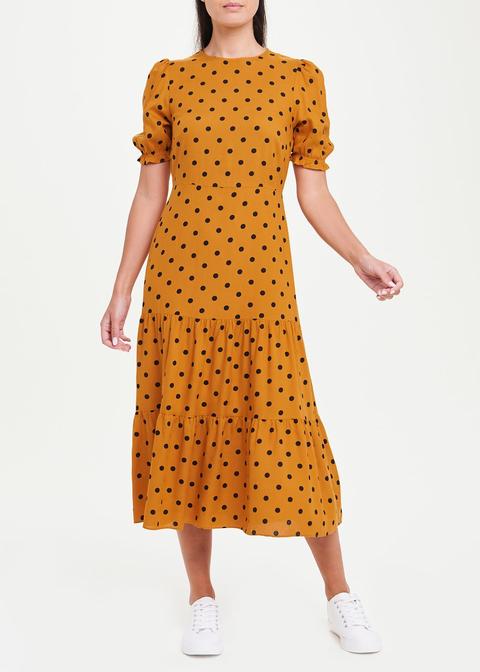 Mustard Short Sleeve Polka Dot Tiered Midi Dress
