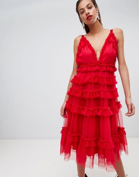 Asos Design - Vestito Midi In Tulle A Strati Con Volant - Rosso