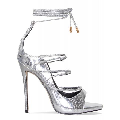 silver strap up heels