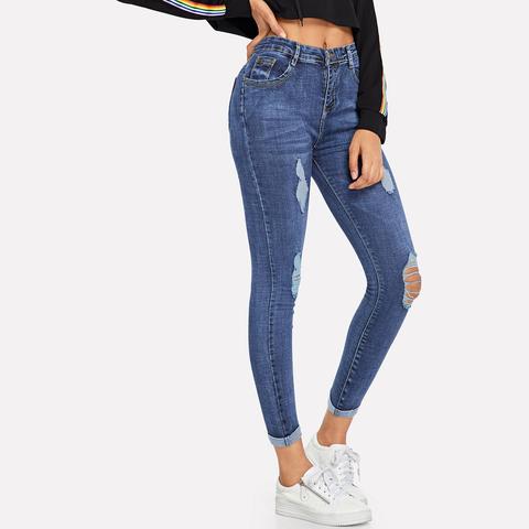 Jeans Con Strappi Con Orlo Arrotolato