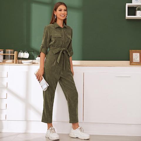 Flap Pocket Front Roll Tab Sleeve Cord Utility Jumpsuit