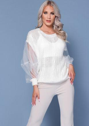 Mesh Insert Puff Sleeve Cabled Knitted Jumper White
