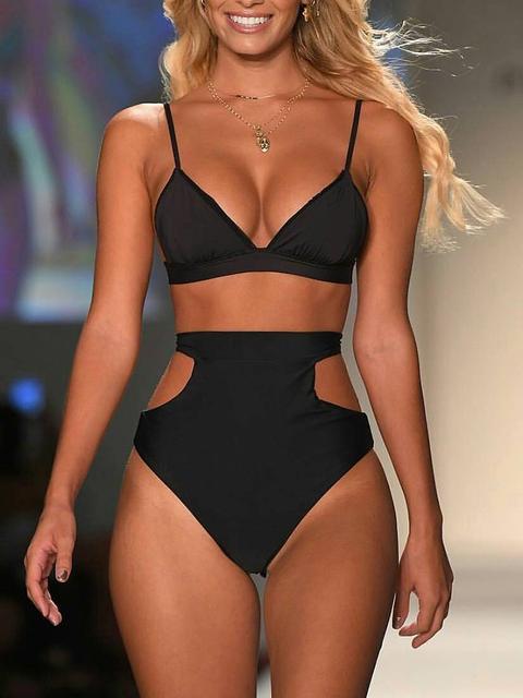 Side Cutout High Waist Bikini Sets - Black