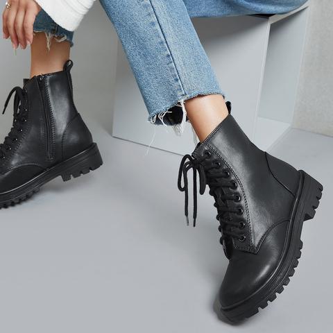 Faux Leather Laced Combat Boots