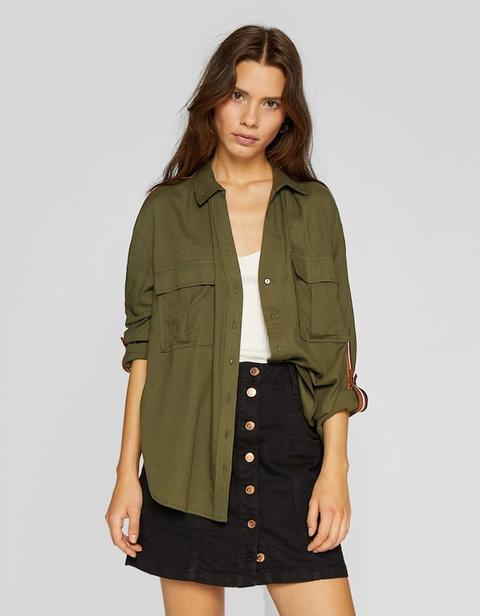 Camicia Utility A Righe Sulle Spalle Kaki