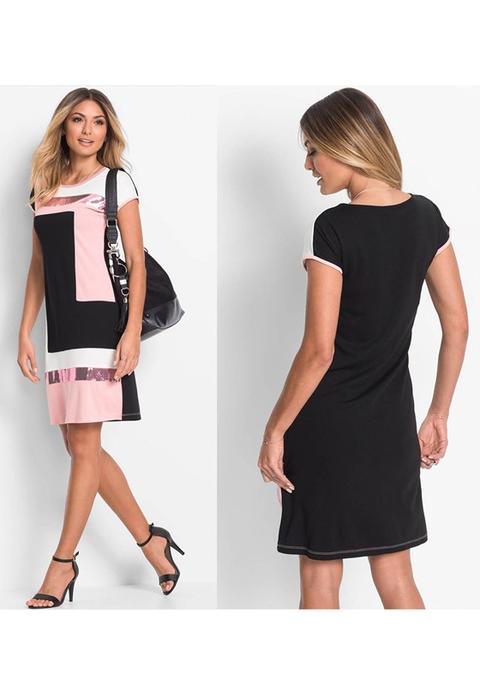 Mini Abito Paillettes Geometriche Manica Corta Moda Rosa
