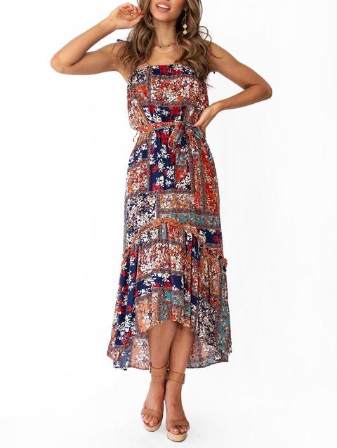 Flower High Low Tie Shoulder Maxi Dress