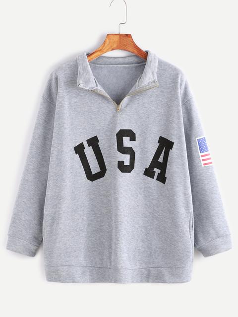 Sudadera Con Estampado De Usa Detalle De Cremallera Y Bolsillo - Gris