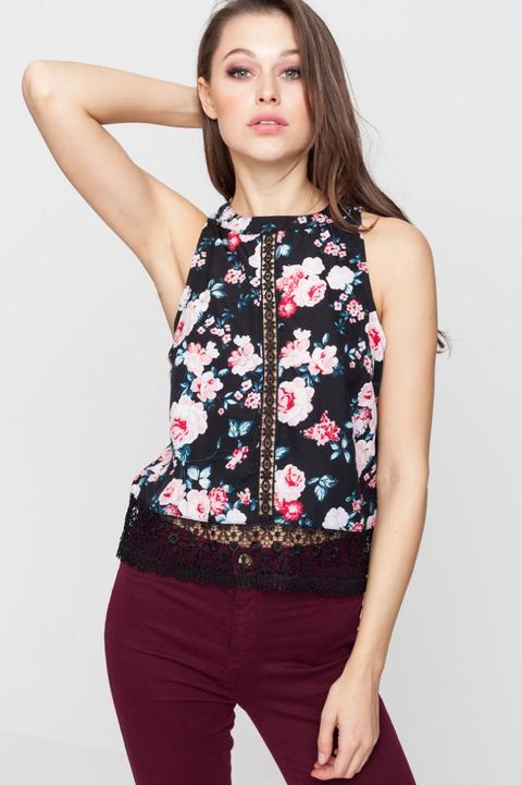 Top Con Stampa Fiori E Pizzo Nero