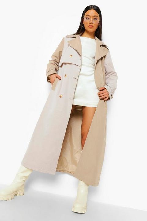 Womens Woven Colour Block Trench Coat - Beige - 8, Beige