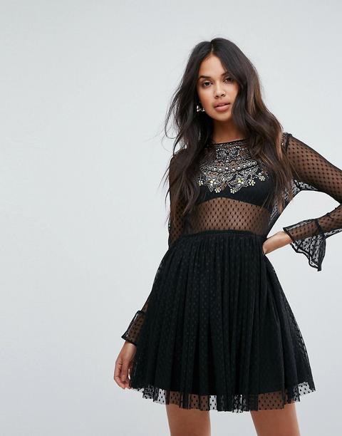 Minivestido Skater De Tul Con Ribete De Malla De Puntitos Adornada De Asos