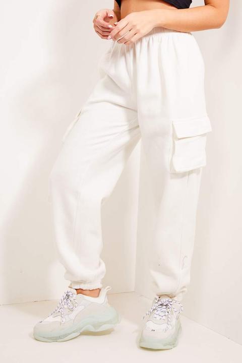 White Double Pocket High Waisted Cargo Joggers