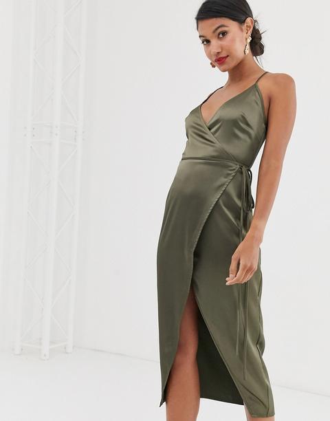 Asos Design - Abito Midi A Portafoglio In Raso Con Spalline Sottili - Verde