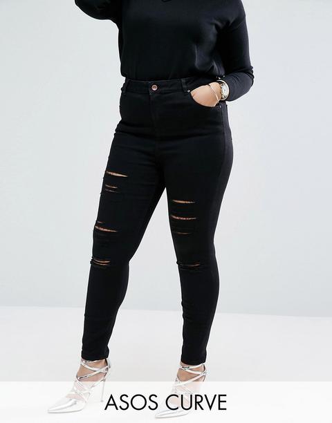 Asos Curve - Ridley - Jeans Skinny Nero Pulito Alla Caviglia Con Strappi Smagliati - Nero