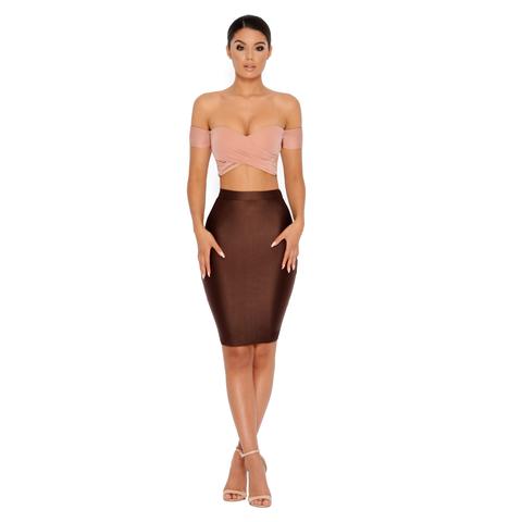 Cut A Dash High Waisted Knee Length Skirt In Chocolate Brown