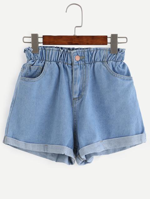 Blue Elastic Waist Roll Hem Denim Shorts