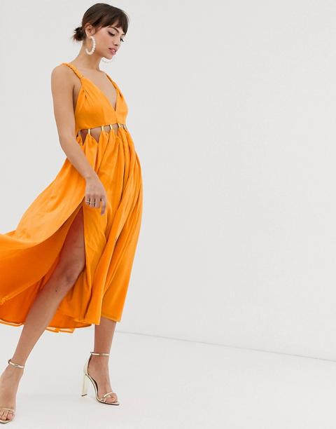 Vestido Midi Suave En Chifón Arrugado Con Detalle De Abertura En La Cintura Y La Falda De Asos Design-marrón