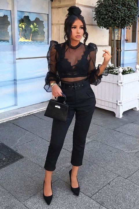 Black Mesh High Neck Open Back Blouse - Anthea