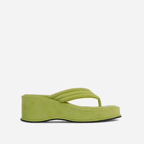 Flex Thong Strap Flatform Sandal In Bright Green Faux Suede, Green