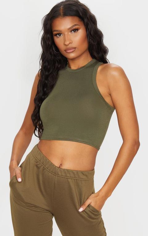 Basic Khaki Jersey Racerback Crop Top