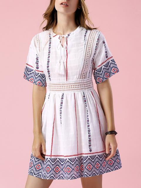 Printed Openwork White Dress