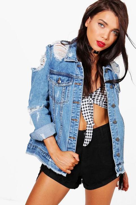 Petite Distressed Oversized Denim Jacket